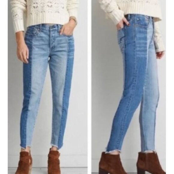 American Eagle Vintage Hi Rise Two Tone Frayed Hem Button Fly Jeans Women Size 8 - Picture 1 of 16
